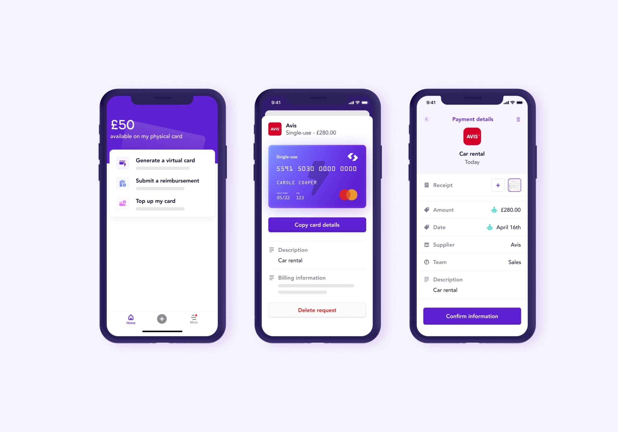 3 smartphone screens displaying payment through Spendesk app 