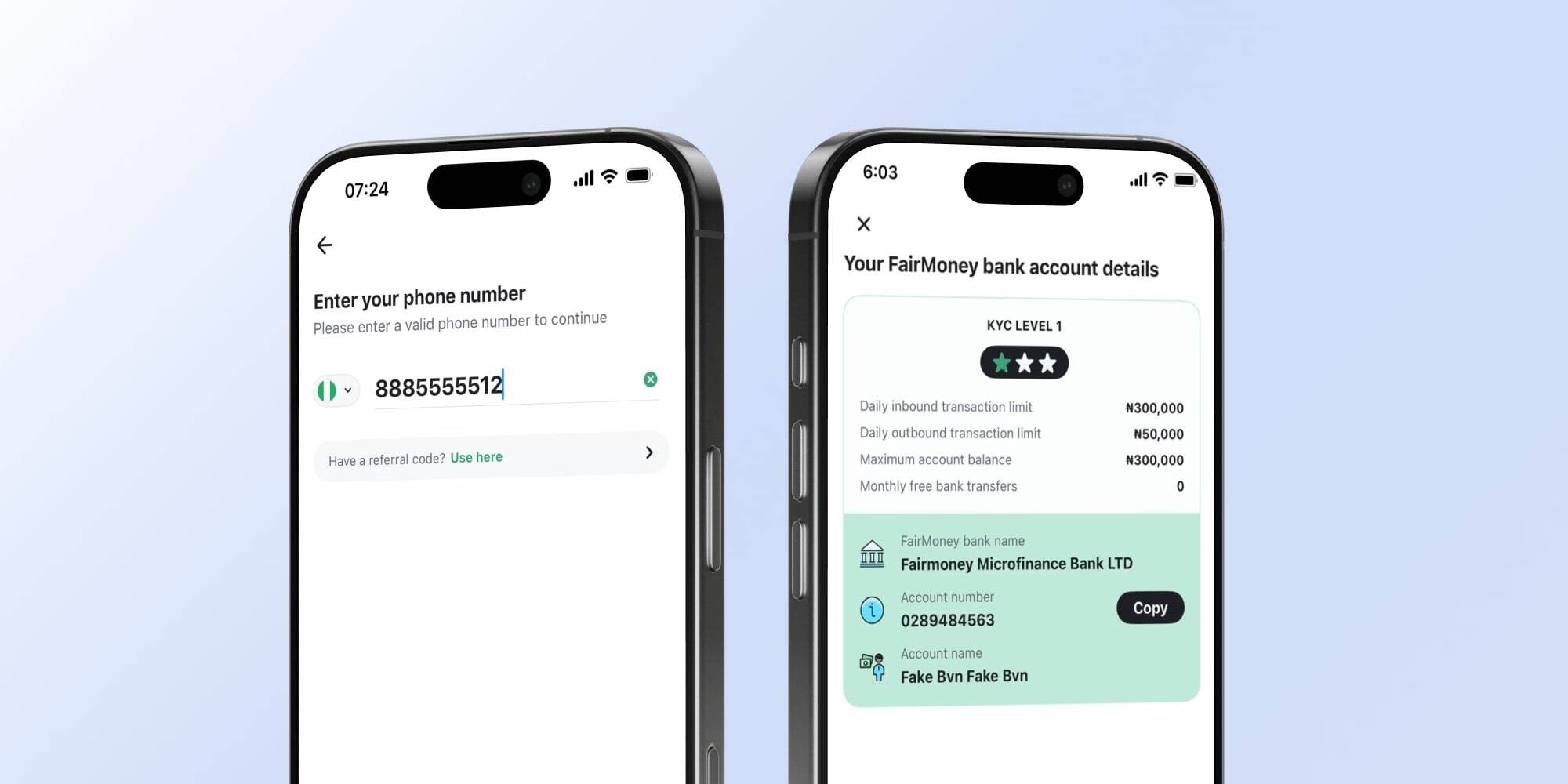 Two smartphones displaying the FairMoney app in use