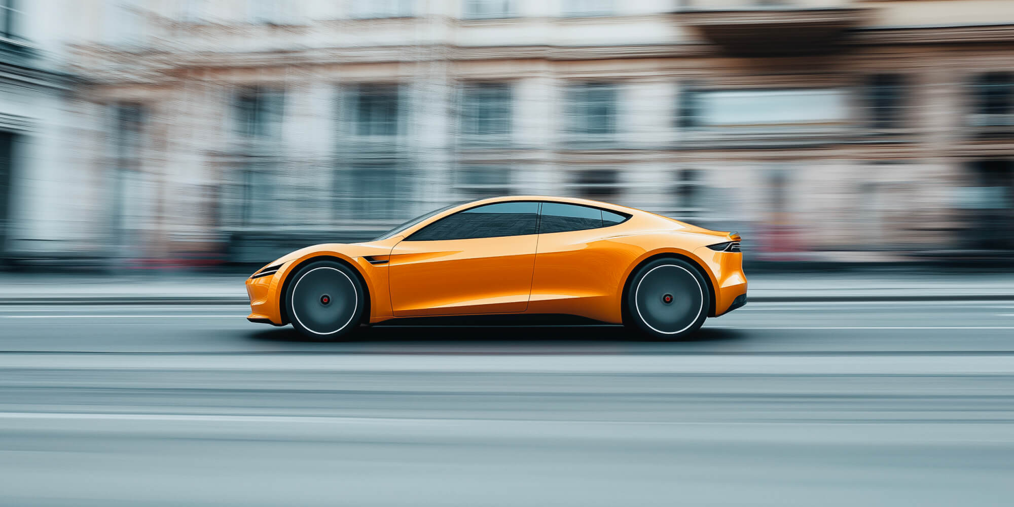 orange sports car, side view, speeding through a city, blurred background