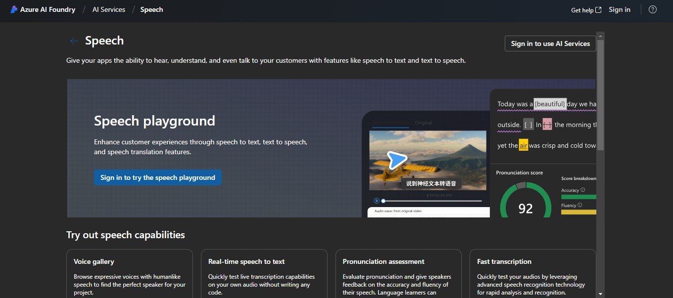 Microsoft Azure Speech Services website screenshot 