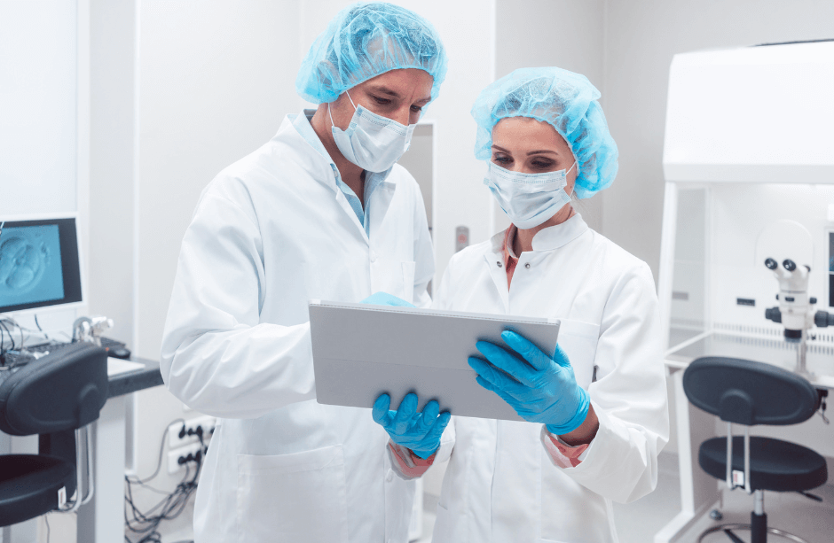 Two medical experts looking at a tablet. 