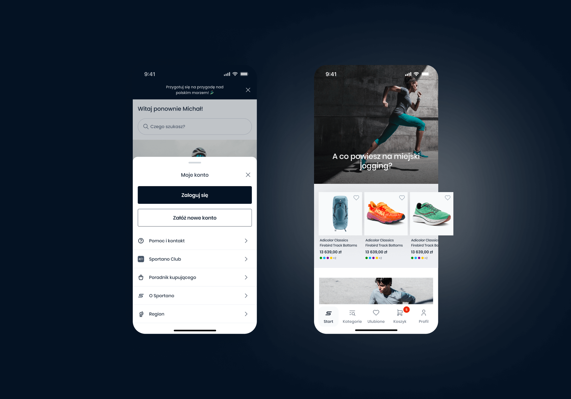 2 screenshots of Sportano app in use on navy blue background